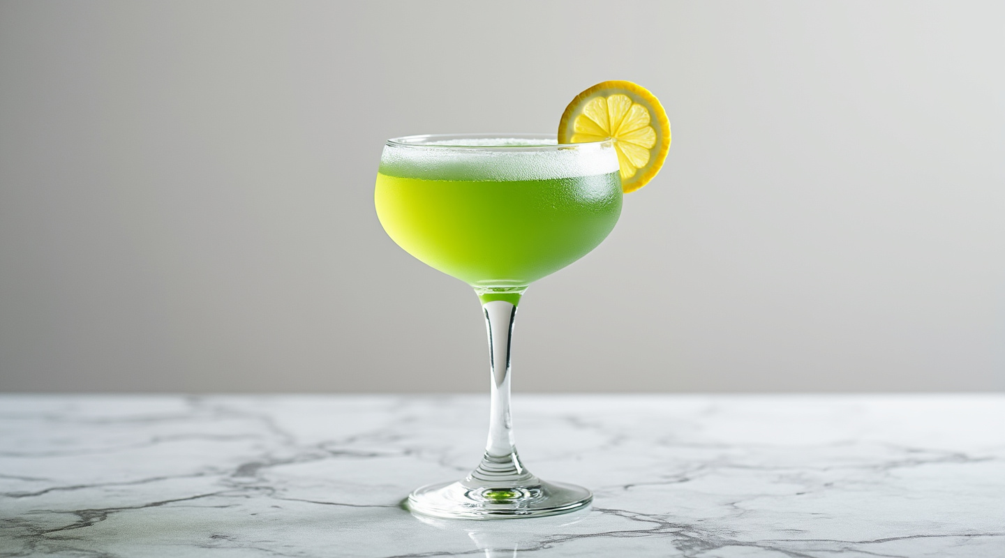 Green Fairy cocktail in a chilled coupe glass