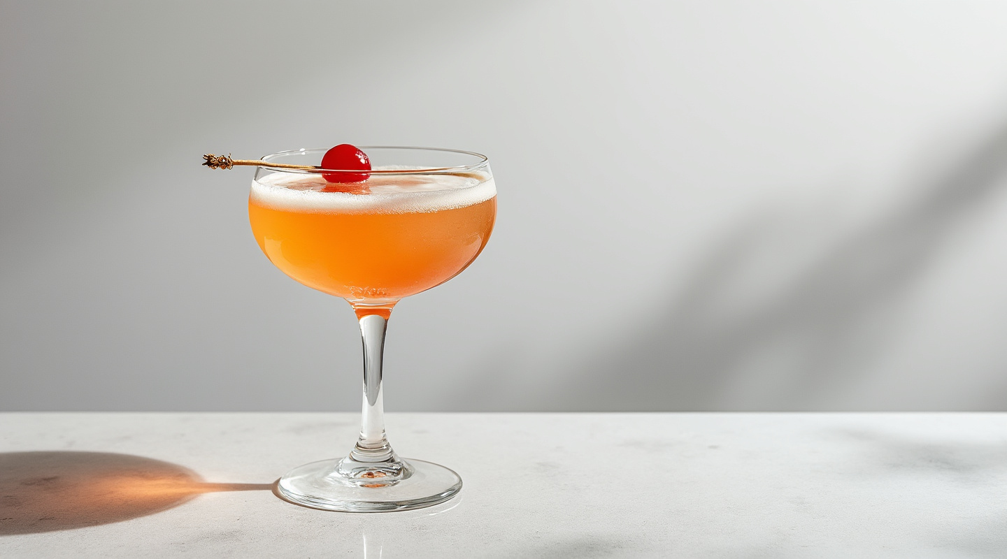 The Communist cocktail in a chilled coupe glass with a skewered cherry