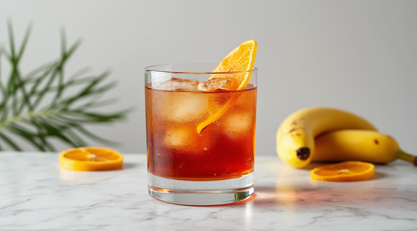 Spiced Plantain Negroni in an Old-fashioned glass with plantain garnish