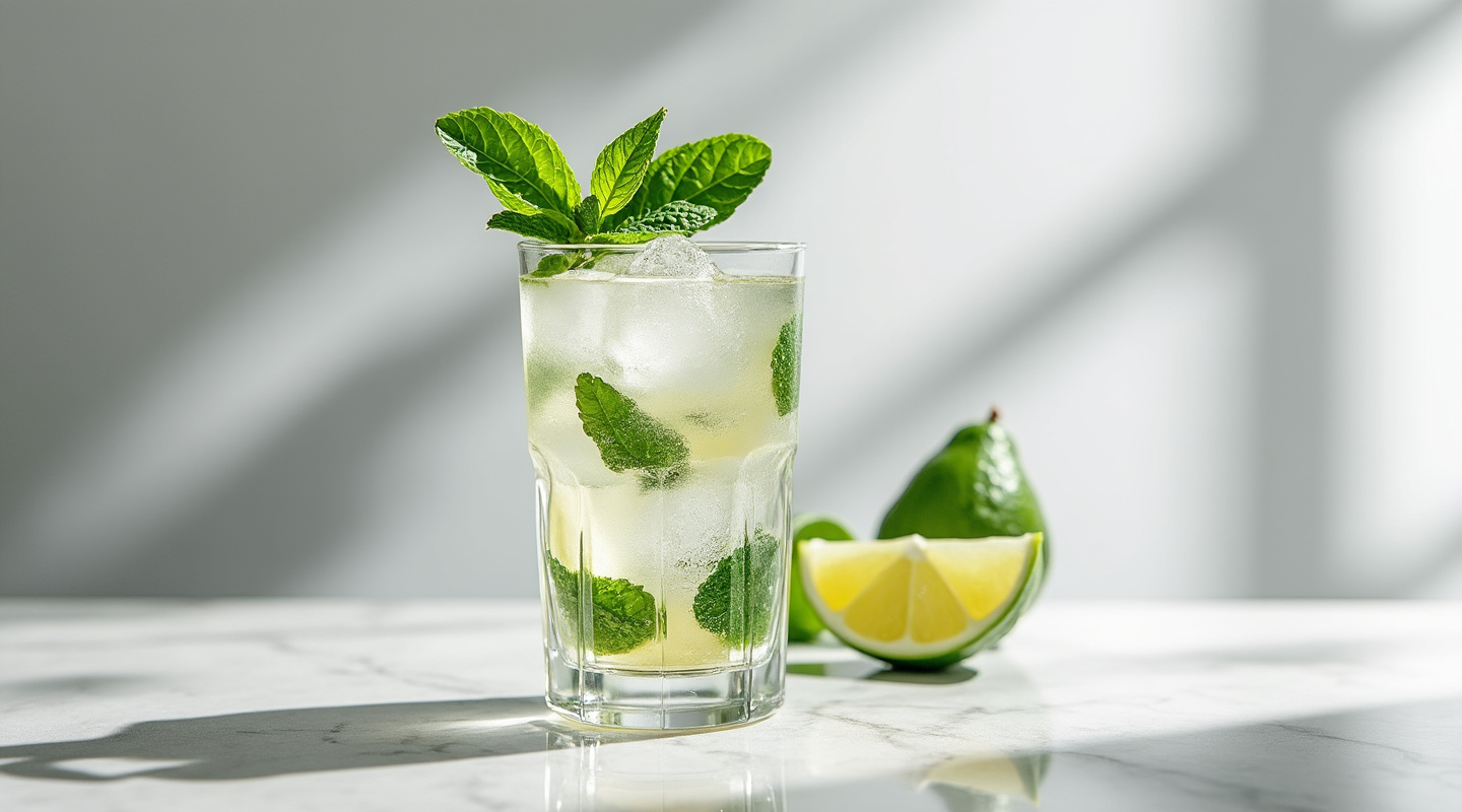 A refreshing Bajito cocktail garnished with mint in a Collins glass