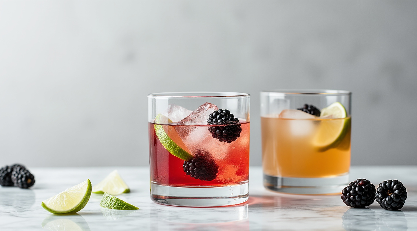 Blimey cocktail served in a glass with a blackberry garnish