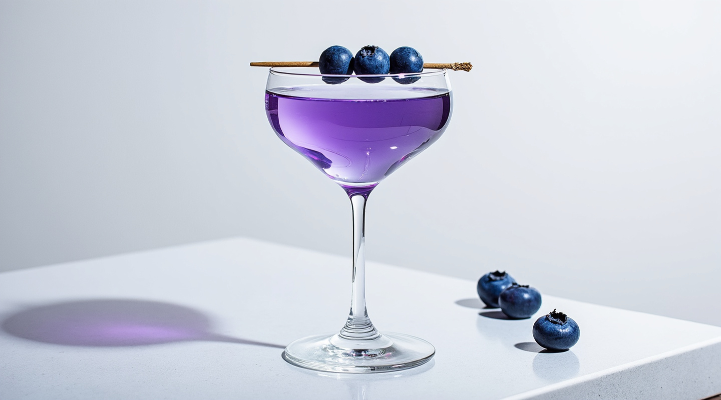 A vibrant Blueberry Martini garnished with fresh blueberries on a stick