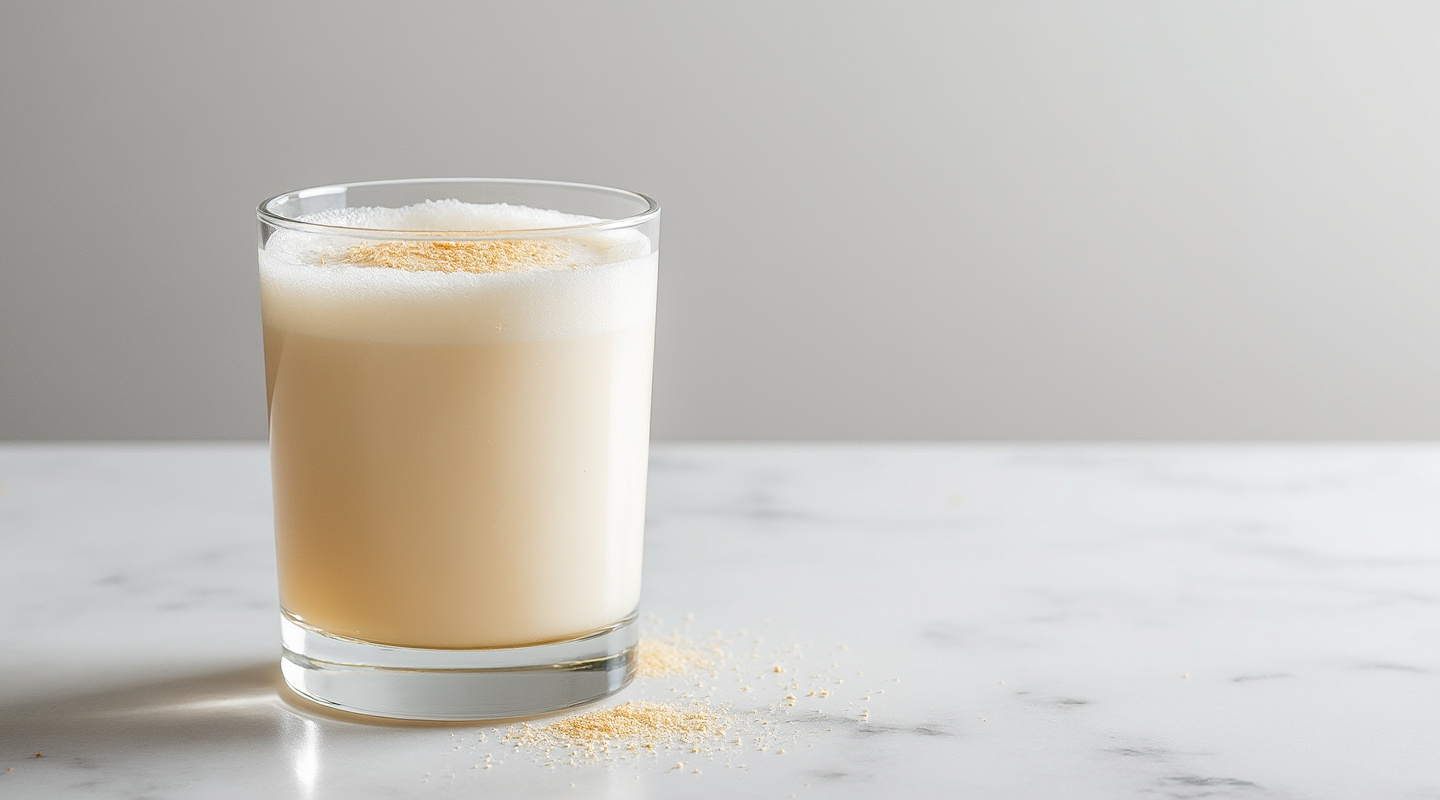 A creamy Brandy Milk Punch served in a highball glass, garnished with grated nutmeg
