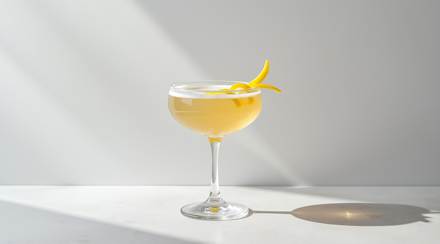 A glass of Champs-Elysees Cocktail with a lemon twist garnish