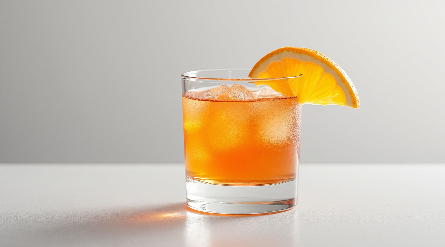 A chilled Clementine shot with vibrant layered colors served with a sugar-coated orange wedge.