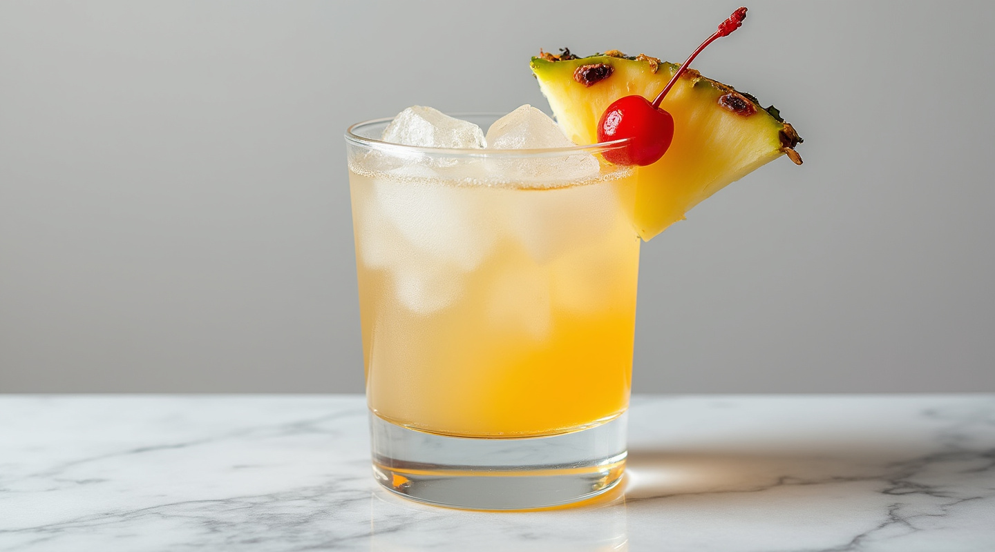 Coco Naut in a hurricane glass garnished with pineapple wedge and cherry