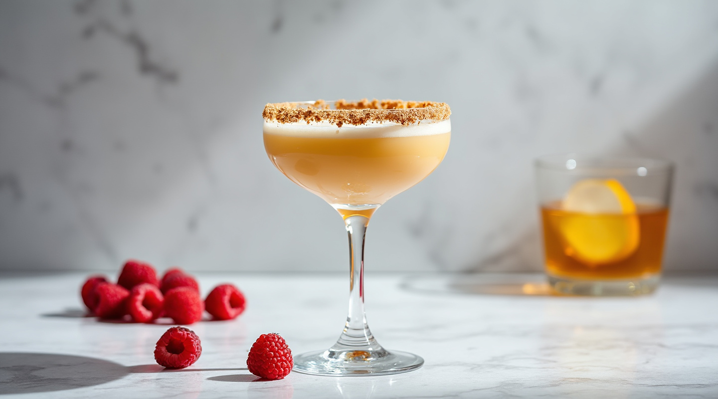A creamy cocktail with a garnish rim served in a Coupe glass