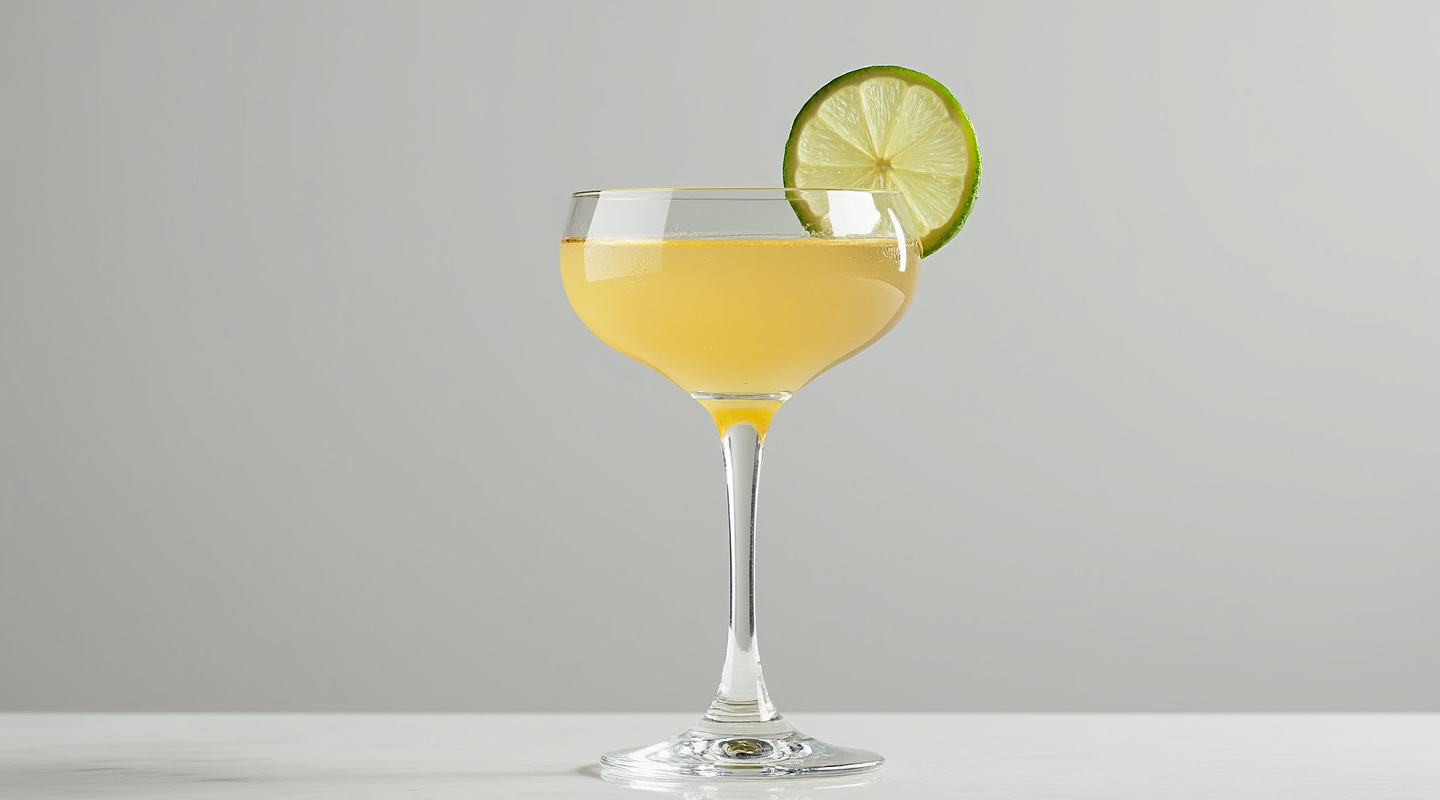 A beautifully presented Diana's Bitter cocktail in a chilled martini glass, garnished with a lime wedge.