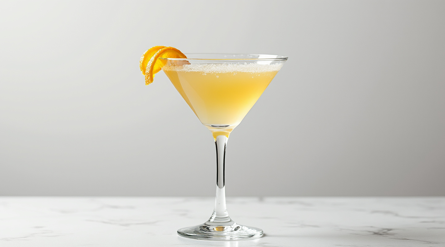 Icey Apple Martini in a chilled martini glass with an orange zest twist garnish.