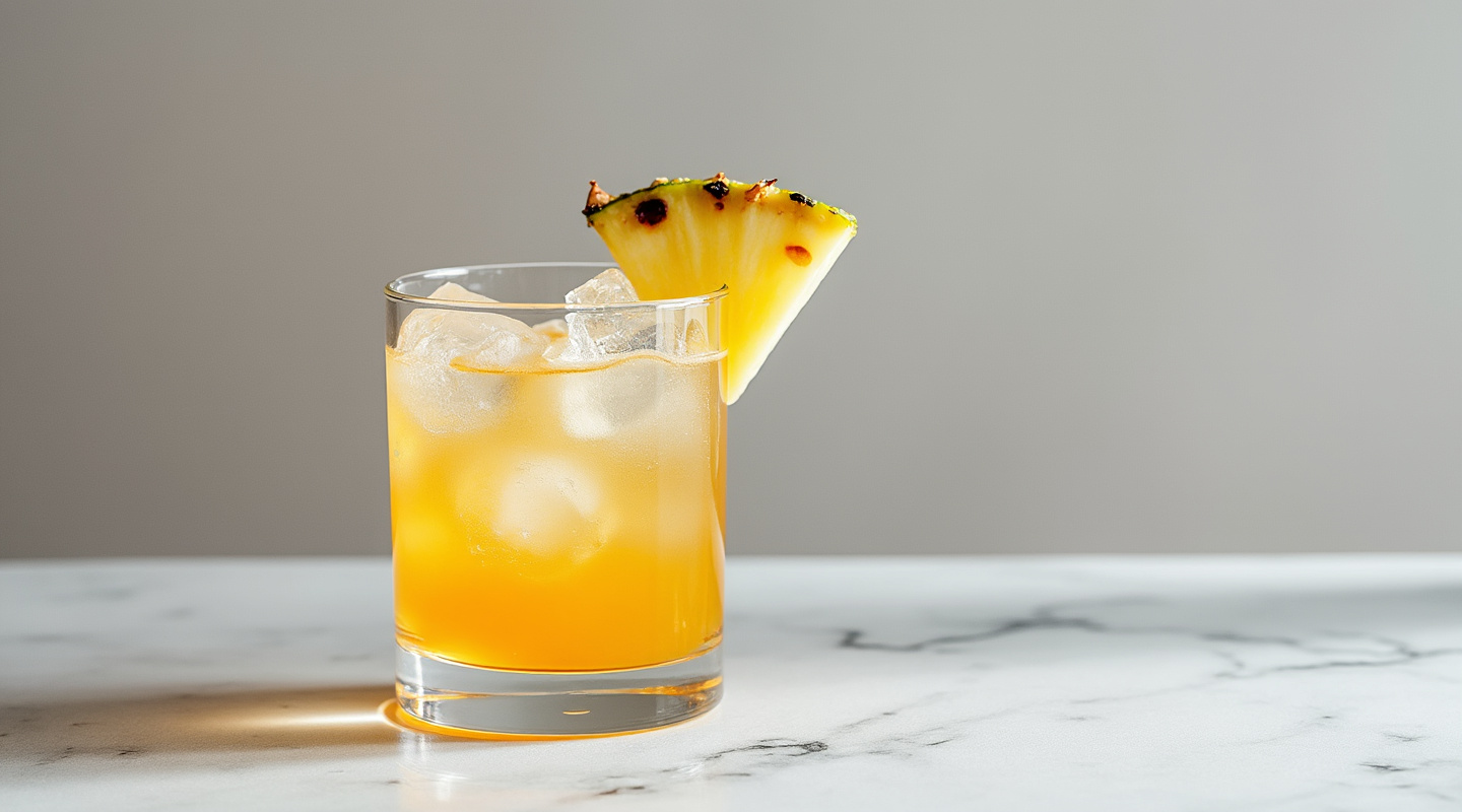 A refreshing Jack Punch cocktail served in a Collins glass with a pineapple wedge