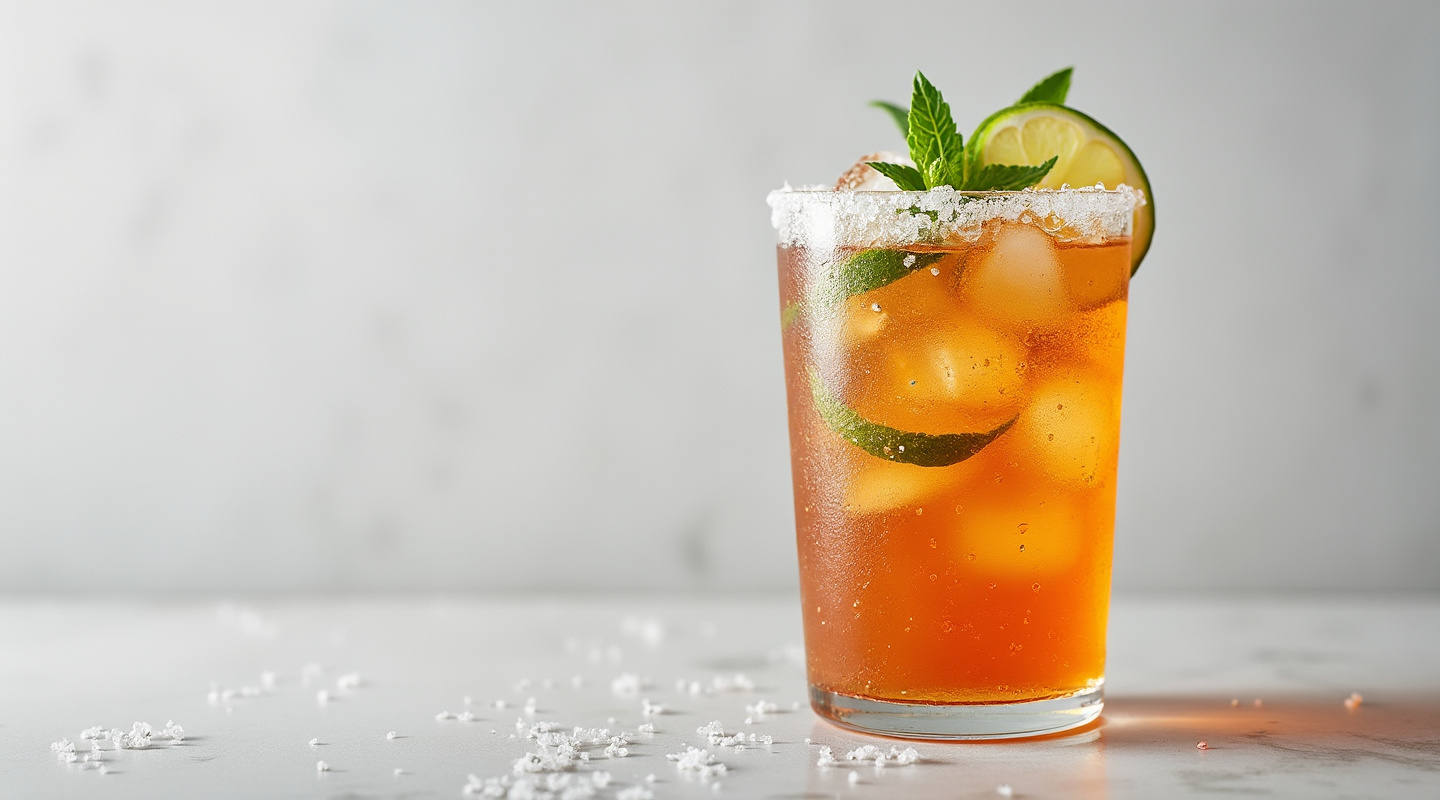 A Michelada cocktail served in a salt-rimmed glass