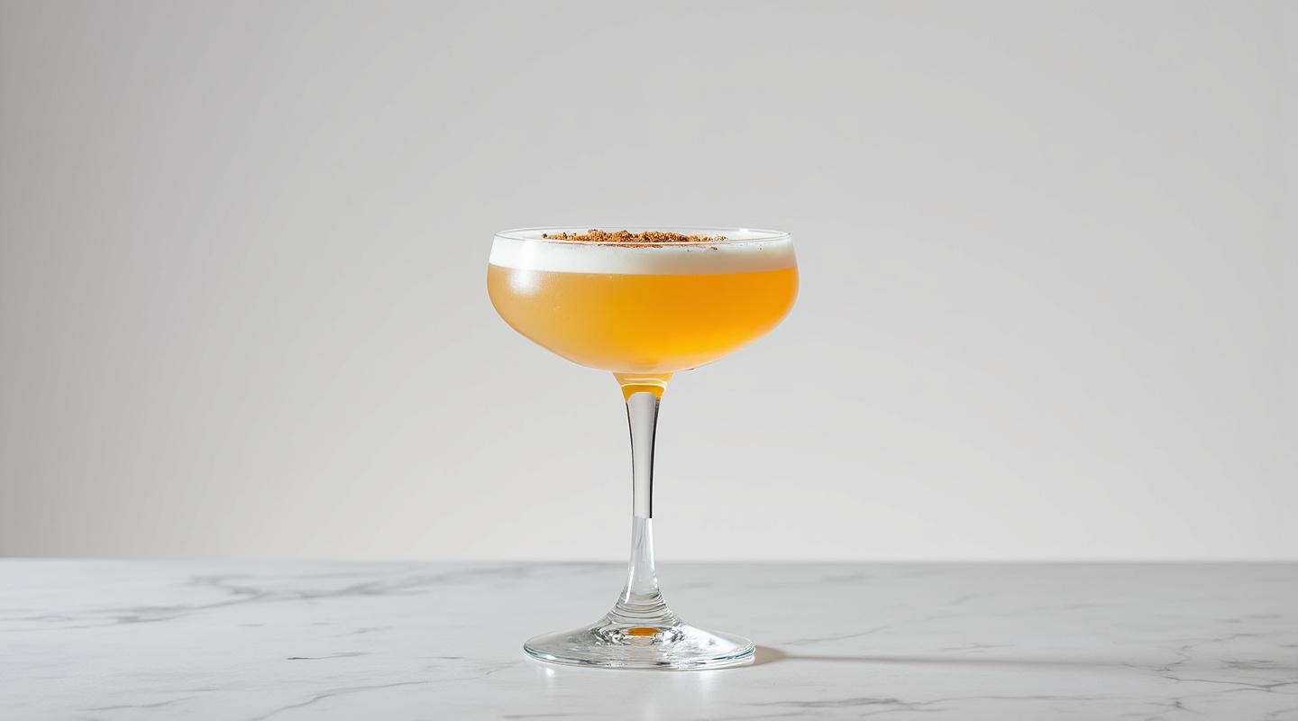 Ponche de Algarrobina cocktail in a goblet glass.