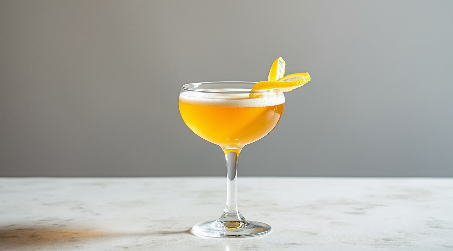 Honey Bee cocktail served in a Coupe glass with a lemon zest twist garnish