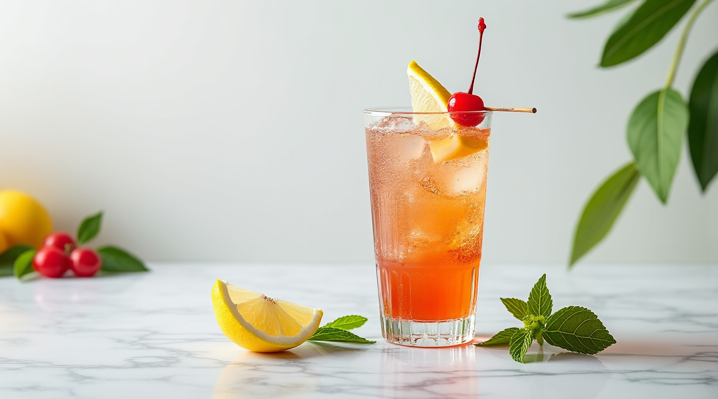 Singapore Sling in a sling glass with a lemon slice and cherry on a stick as garnish.