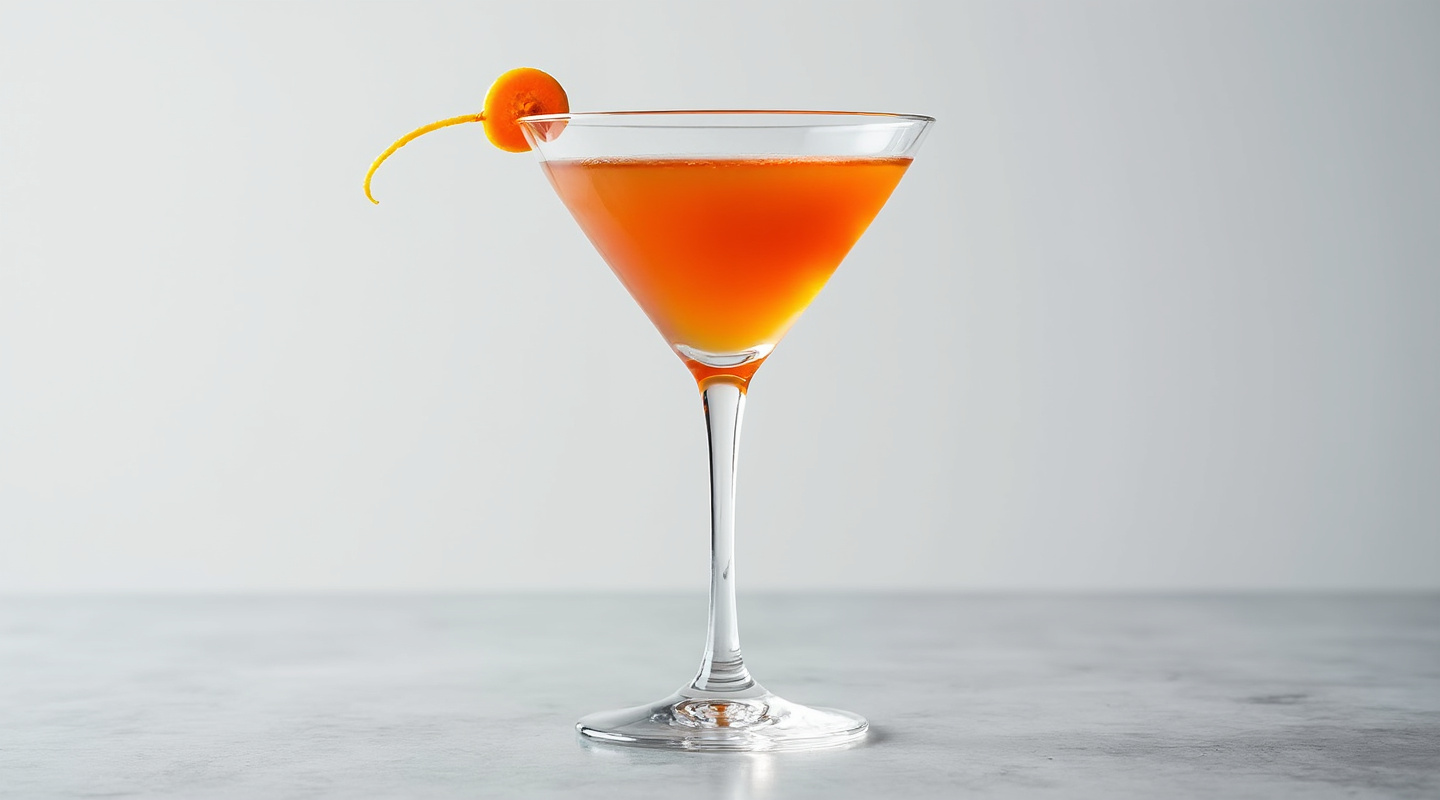 Spicy Veggy in a Martini glass with coriander seeds and carrot slice garnish