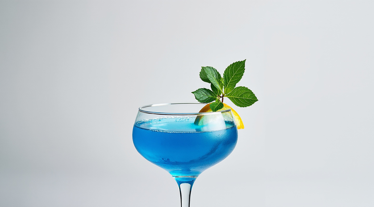 Swedish Blue Cocktail in a coupe glass with an orange zest twist
