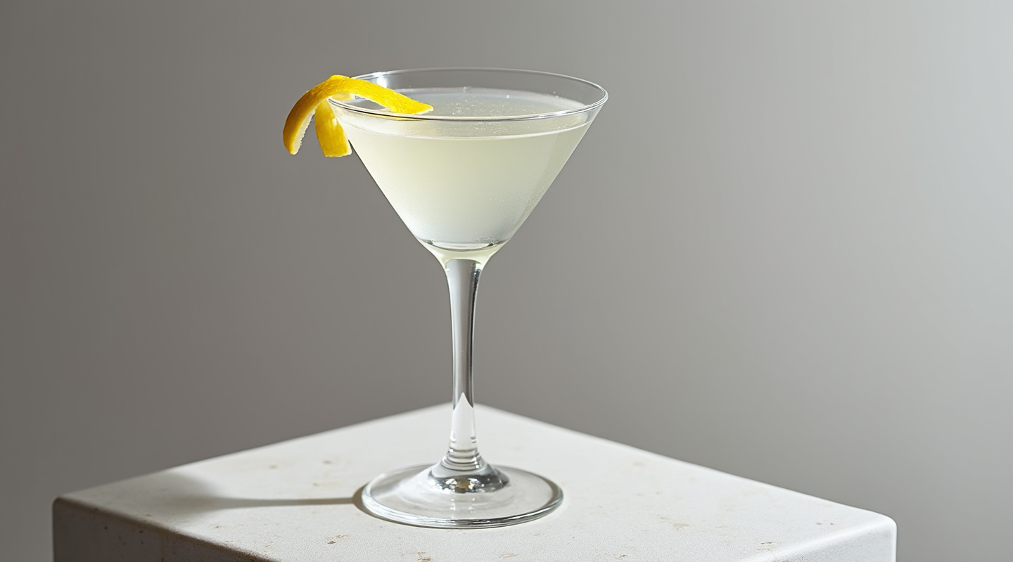 A refreshing Urban Holistic cocktail served in a Martini glass garnished with a lemon zest twist.