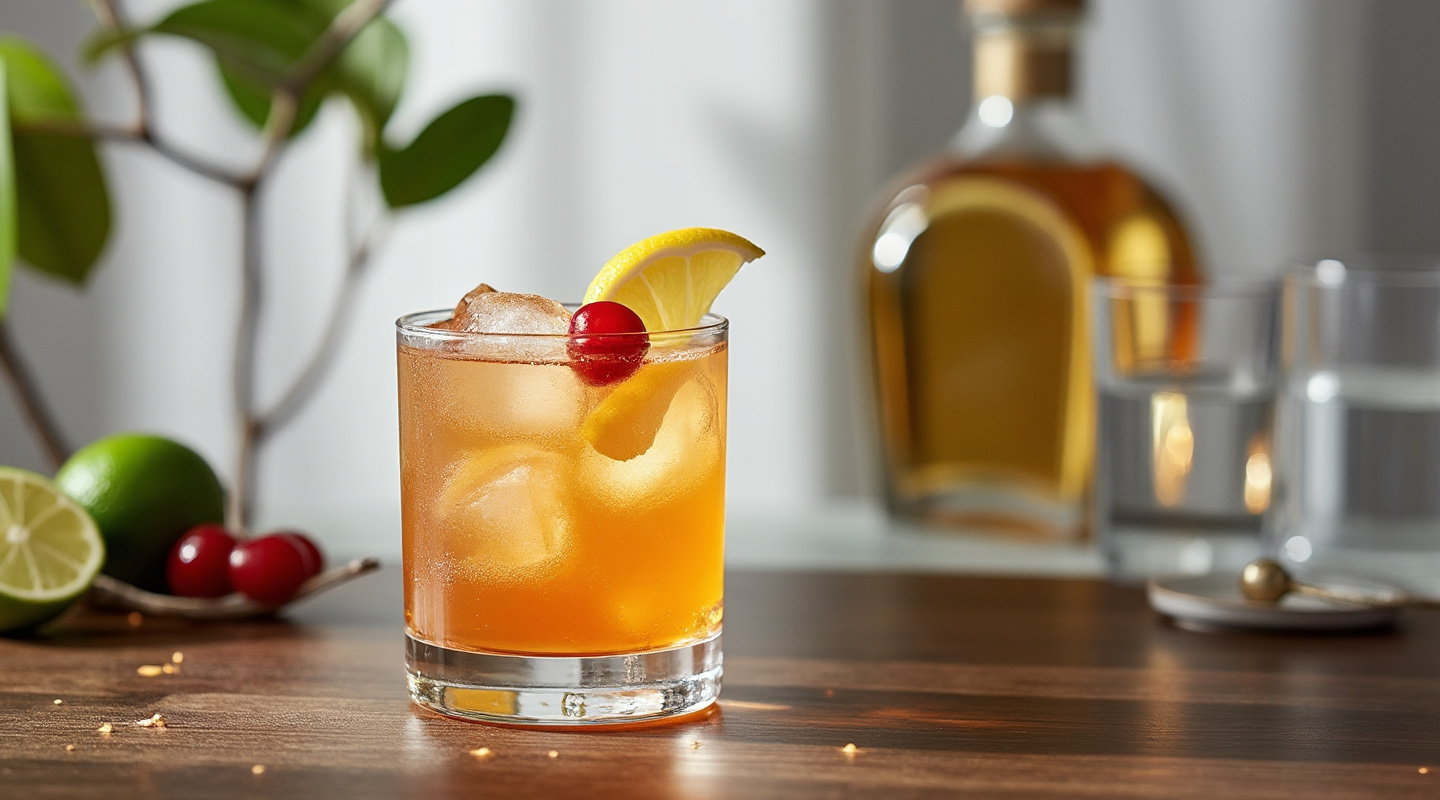 Hong Kong Fuey cocktail in a collins glass with lime wedge and cherry garnish