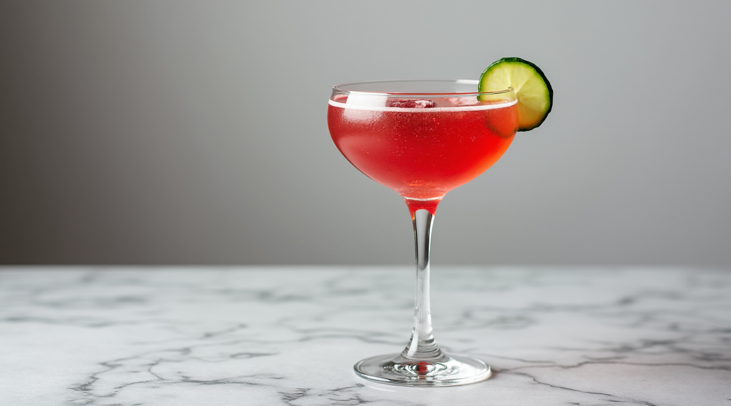 A refreshing Wild Promenade Cocktail with raspberry and cucumber