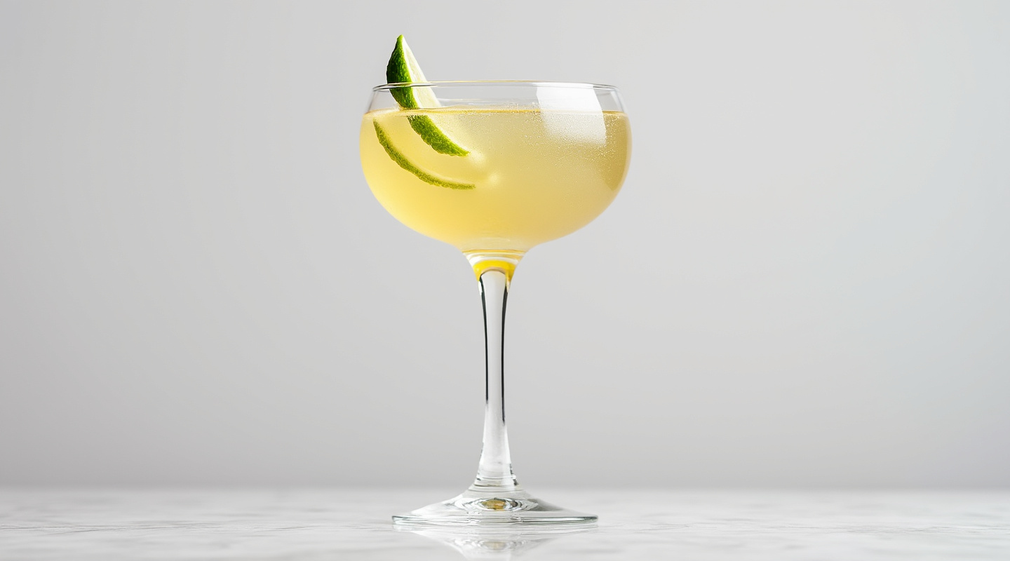 A creatively presented Biggles Aviation cocktail in a chilled coupe glass, garnished with fresh ginger and lime.