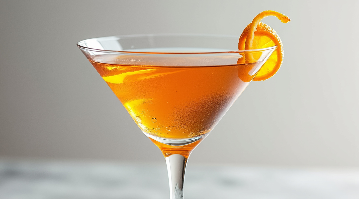 Hoopla cocktail in a chilled glass with an orange zest twist