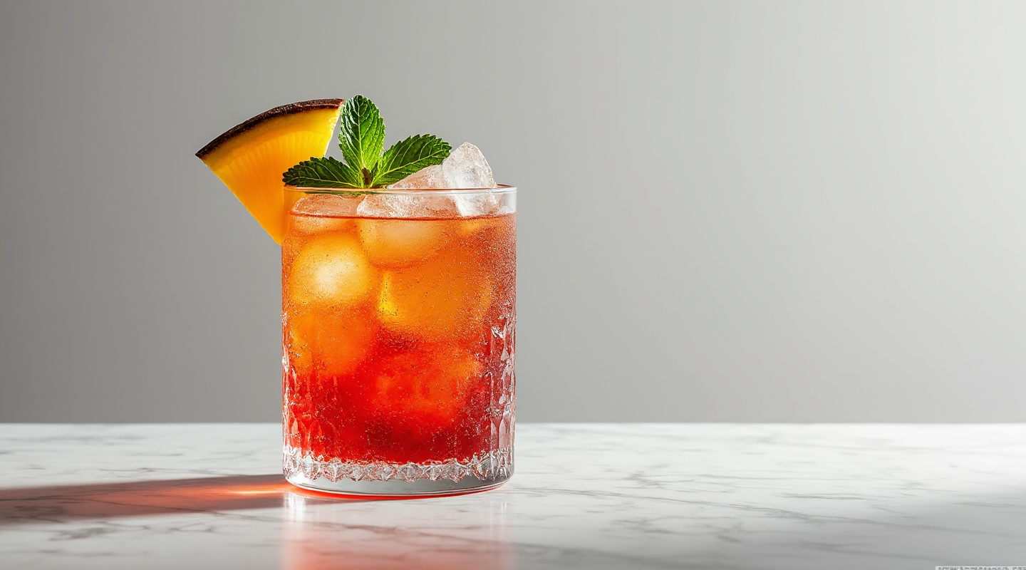 A vibrant Jamaican Me Crazy cocktail served in a hurricane glass with passion fruit & mint garnish.