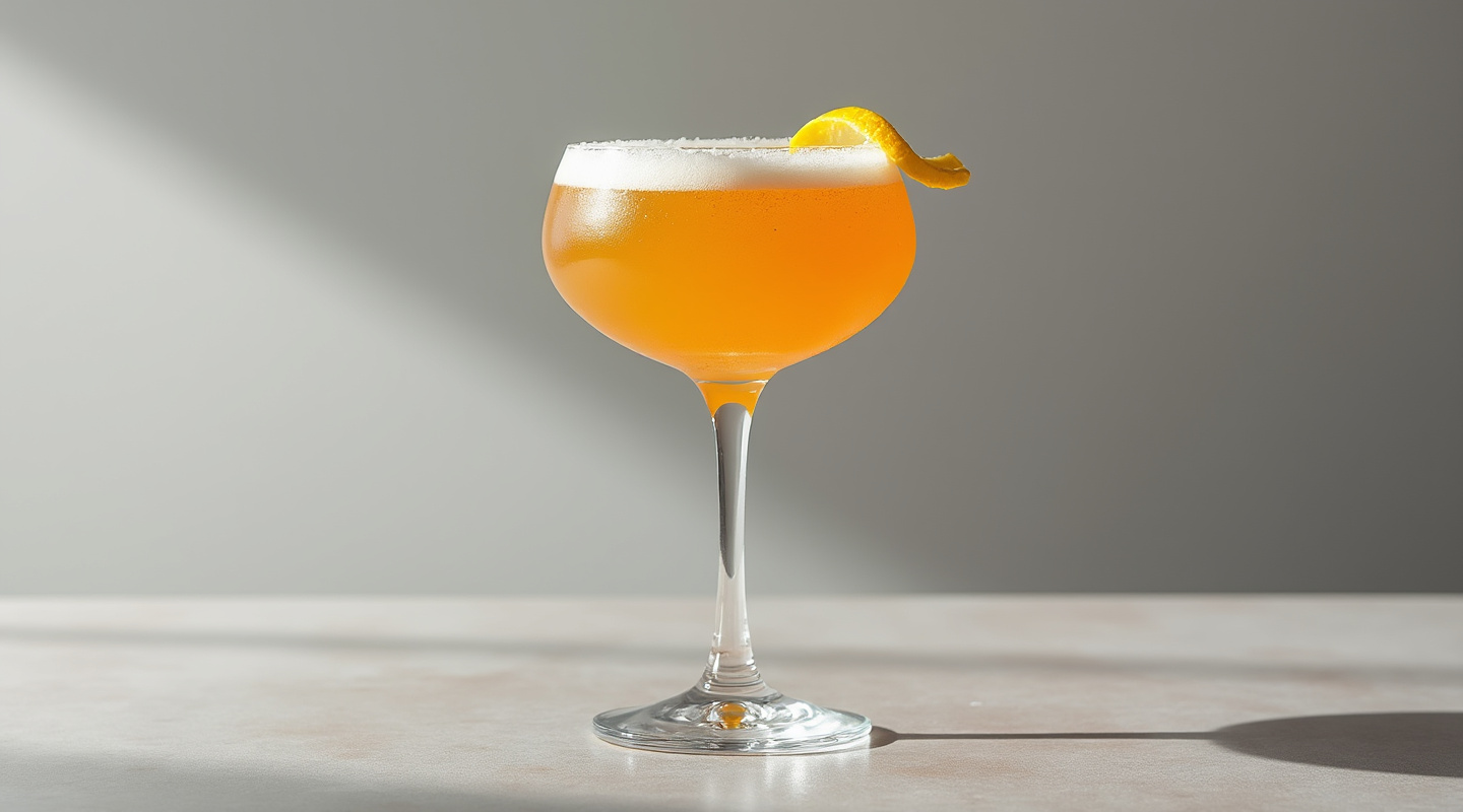 Apricot Cocktail in a chilled glass with lemon zest garnish