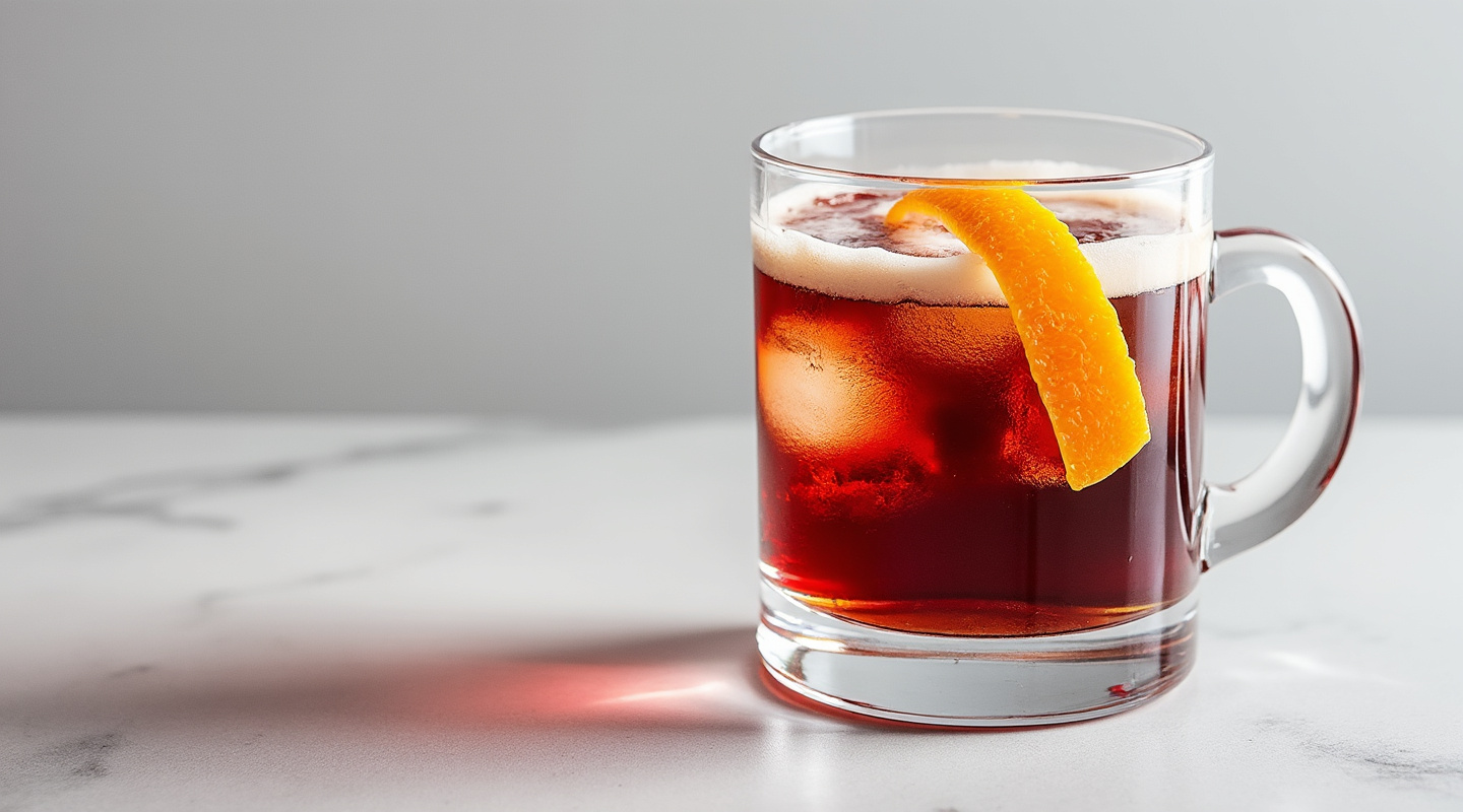Hot Red Blooded Frenchman cocktail served in a glass with an orange zest twist garnish.