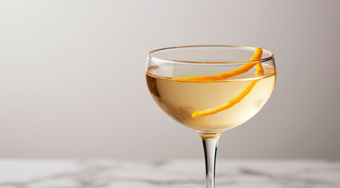 Froupe Cocktail in a Coupe Glass, garnished with orange zest twist.
