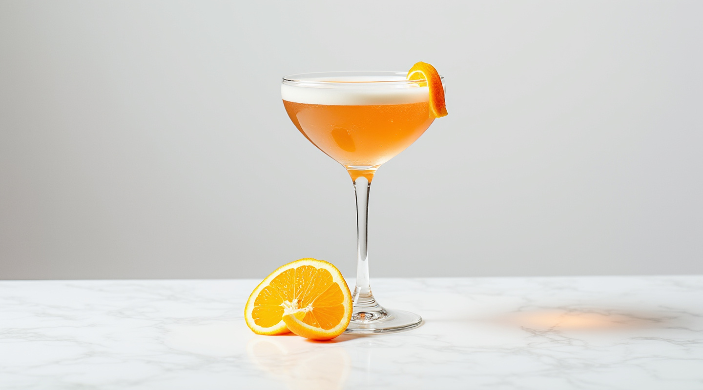 Lucien Gaudin cocktail served in a chilled Coupe glass with an orange zest twist garnish