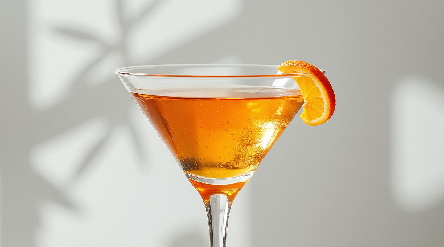 Oranjey Cocktail in a Martini glass garnished with orange zest twist