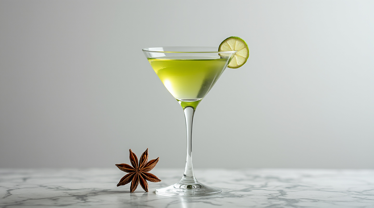 A sophisticated Absinthe Martini in a chilled glass with a star anise garnish.