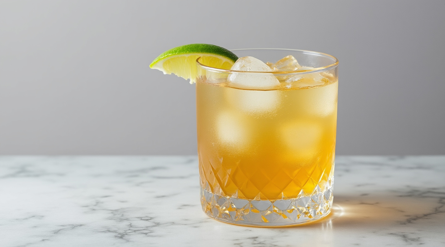 Corn 'n' Oil cocktail in a glass with lime garnish