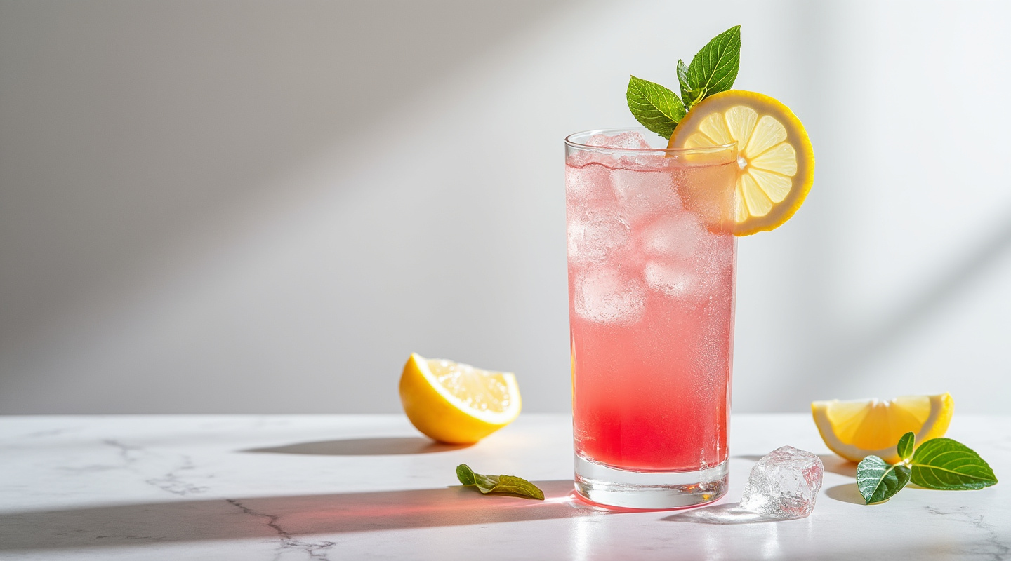 Icy Pink Lemonade in a Collins glass with a lemon slice garnish
