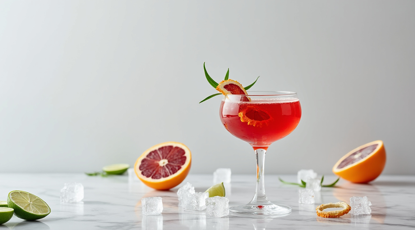 A vibrant Coupe glass filled with the bright orange hue of the Succulent Blood cocktail, garnished with a dehydrated blood orange slice.