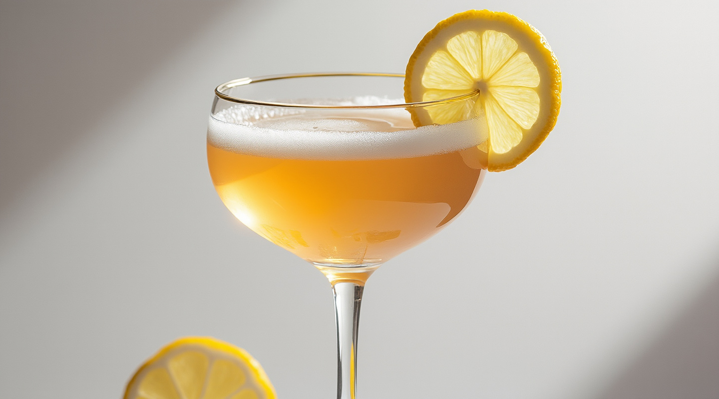 Le Grand cocktail served in a coupe glass with a lemon zest twist garnish