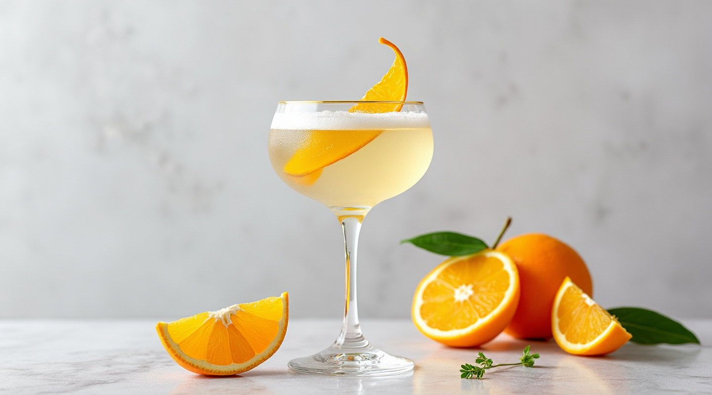 A chilled April Shower cocktail served in a coupe glass with an orange zest twist garnish.