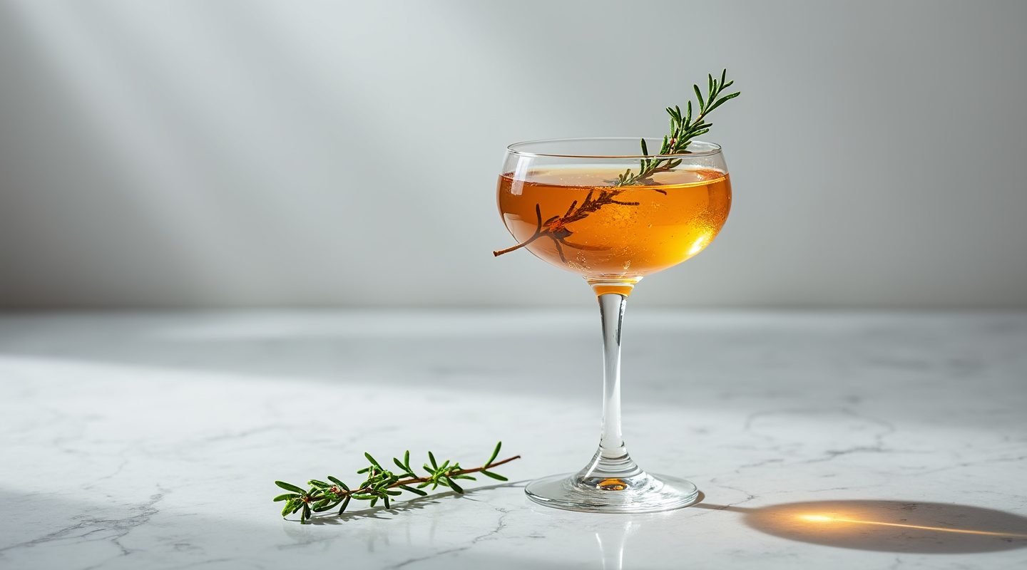 A cocktail named Thyme for... with a garnish of scorched thyme sprig