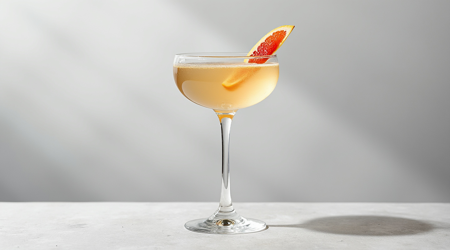 A sophisticated cocktail served in a classic flute, topped with a twist of grapefruit zest.