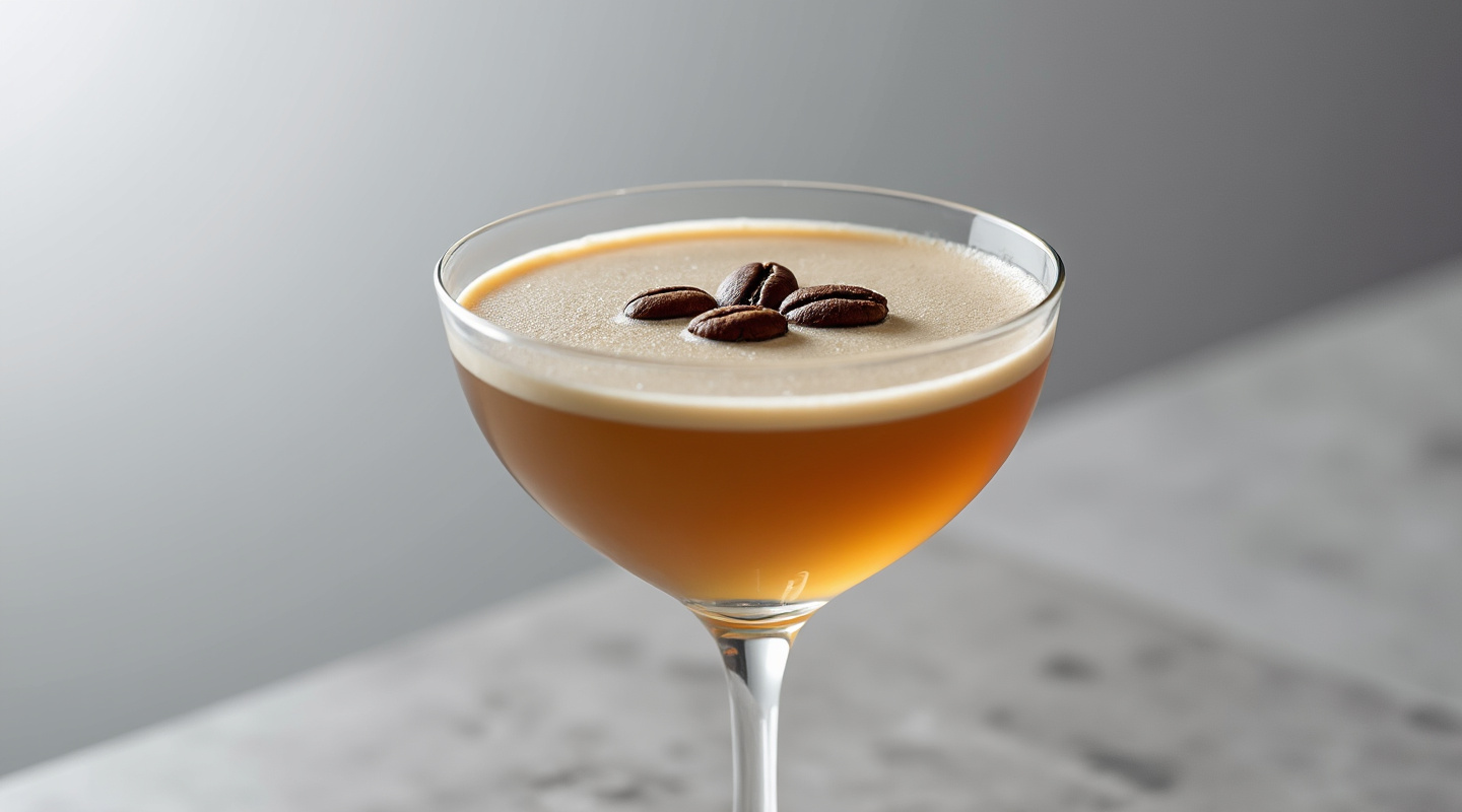 Image representing a Grappa Espresso Martini, garnished with 3 coffee beans