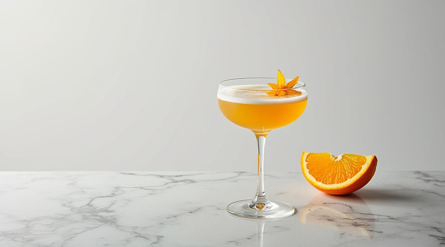 Guantanamera cocktail served in a coupe glass with an orange zest twist and spritz of absinthe
