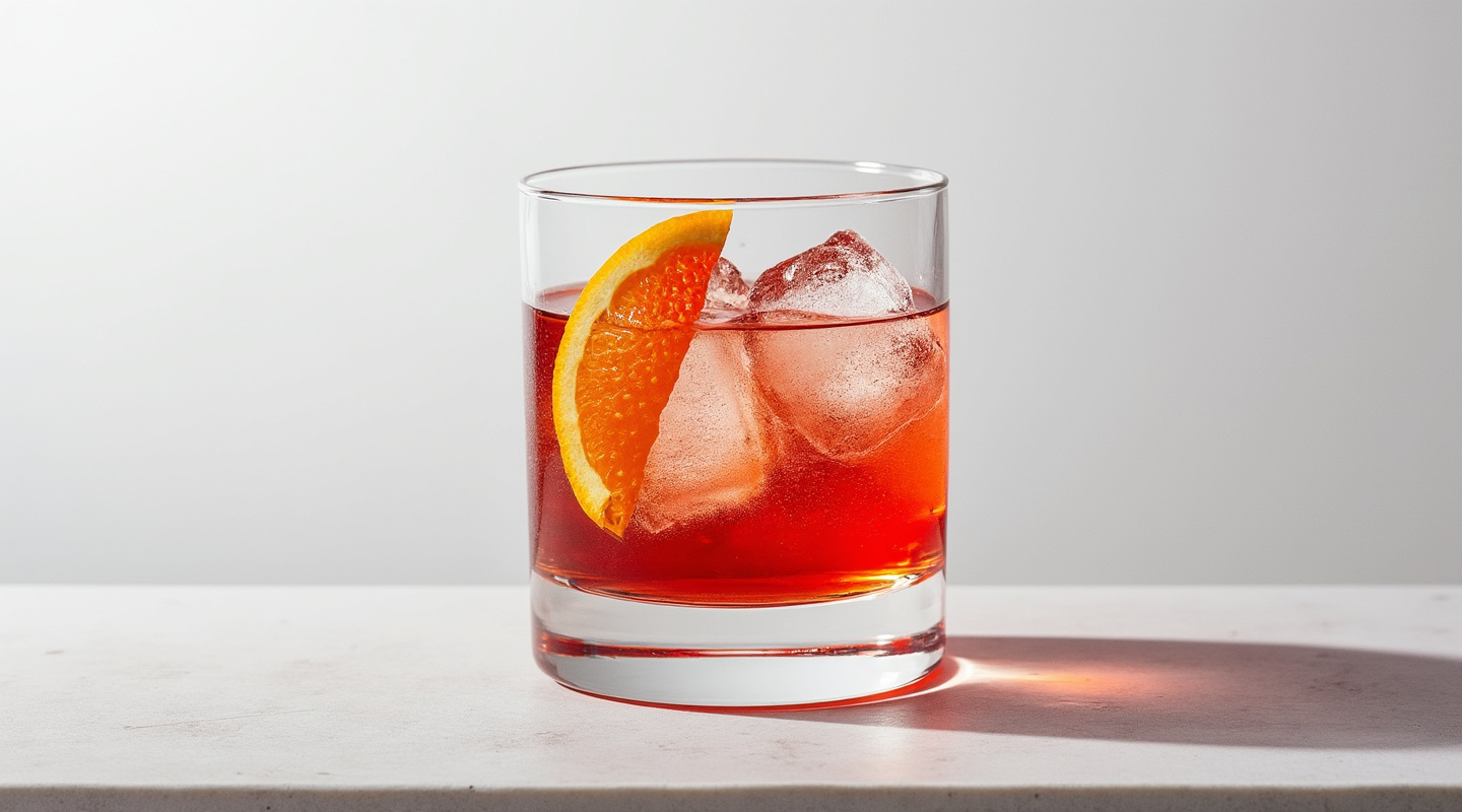 Kula Negroni cocktail with an orange zest twist and fresh strawberry garnish in an old-fashioned glass