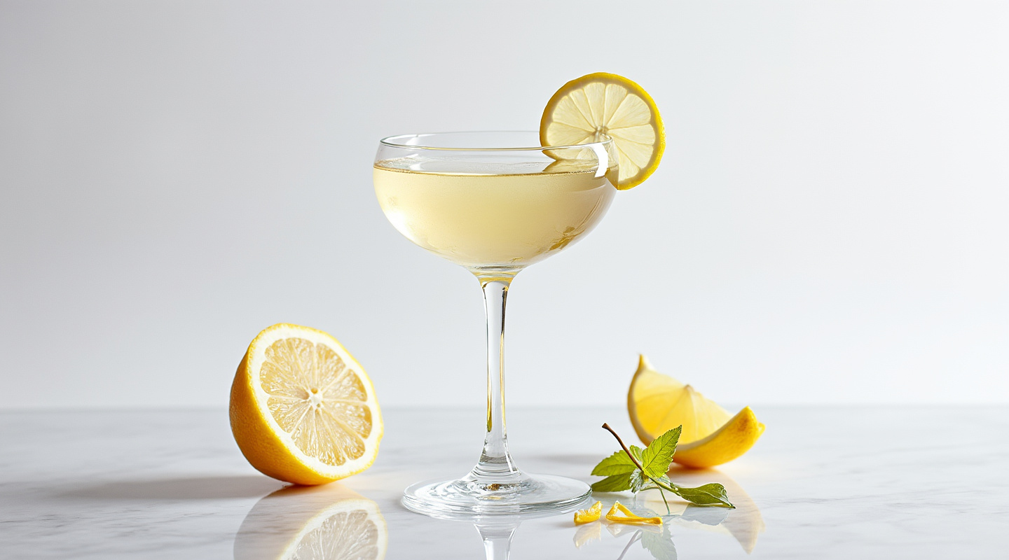 May Vesper cocktail with lemon zest garnish