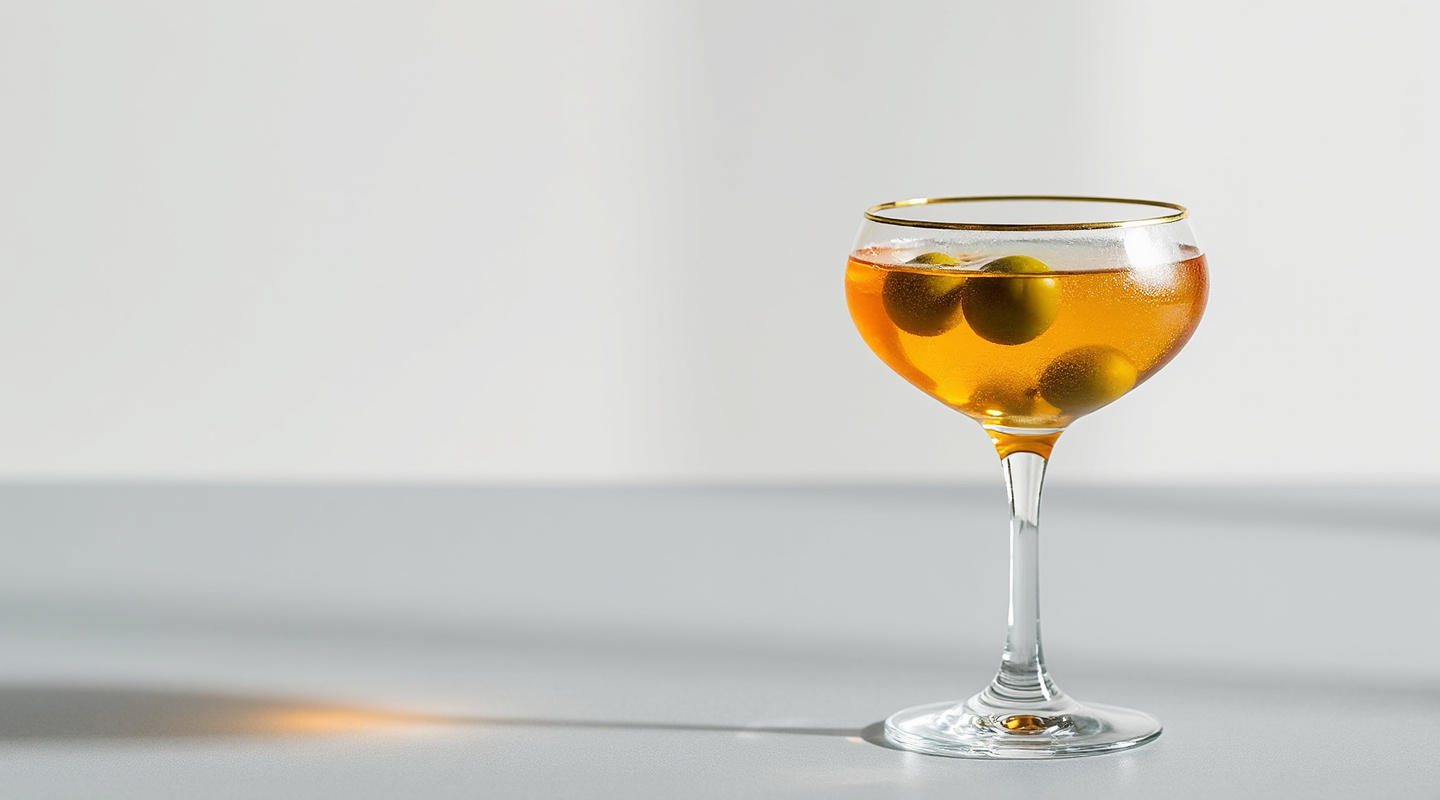 Rum & IT in a Nick & Nora glass garnished with olives