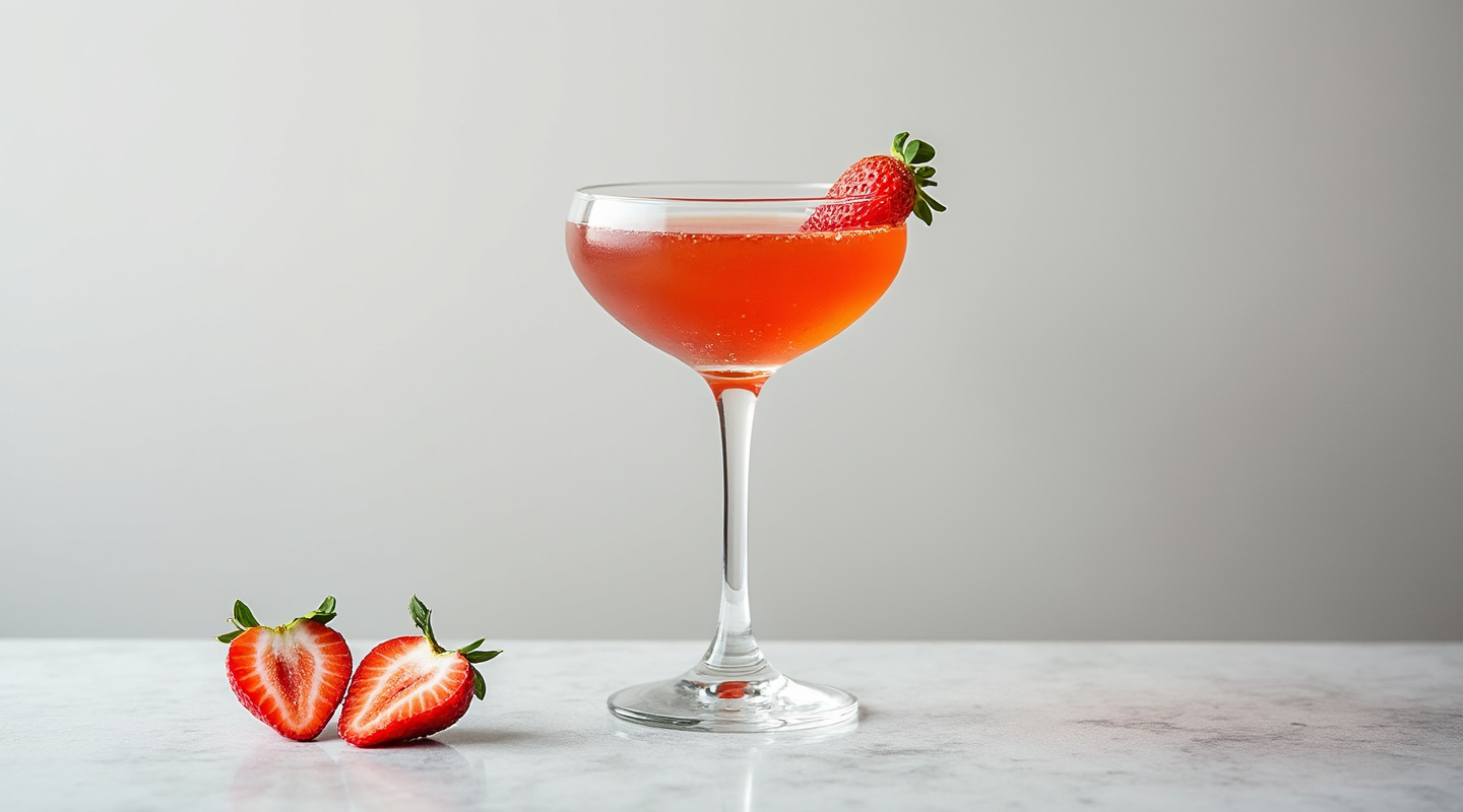 The Viento cocktail in a Nick & Nora glass with strawberry garnish.