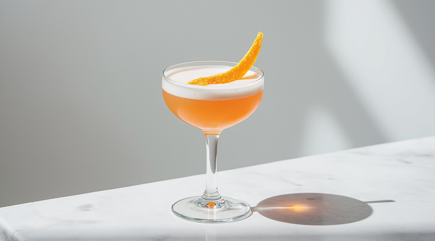 Sloe Gin Cocktail in a Coupe glass with orange zest twist garnish