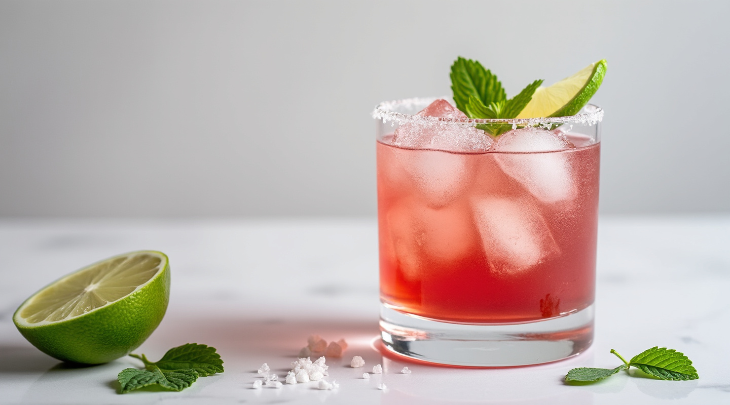 Salted Plum Margarita with lime wheel & mint leaf garnishes