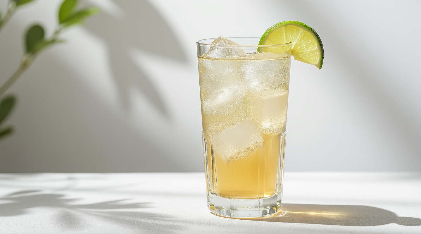Perfect Storm Highball cocktail served in a Highball glass with a lime wedge garnish