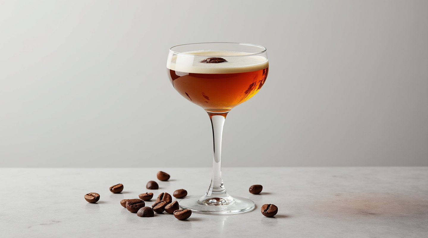 Carajillo cocktail served in a coupe glass with coffee beans as garnish