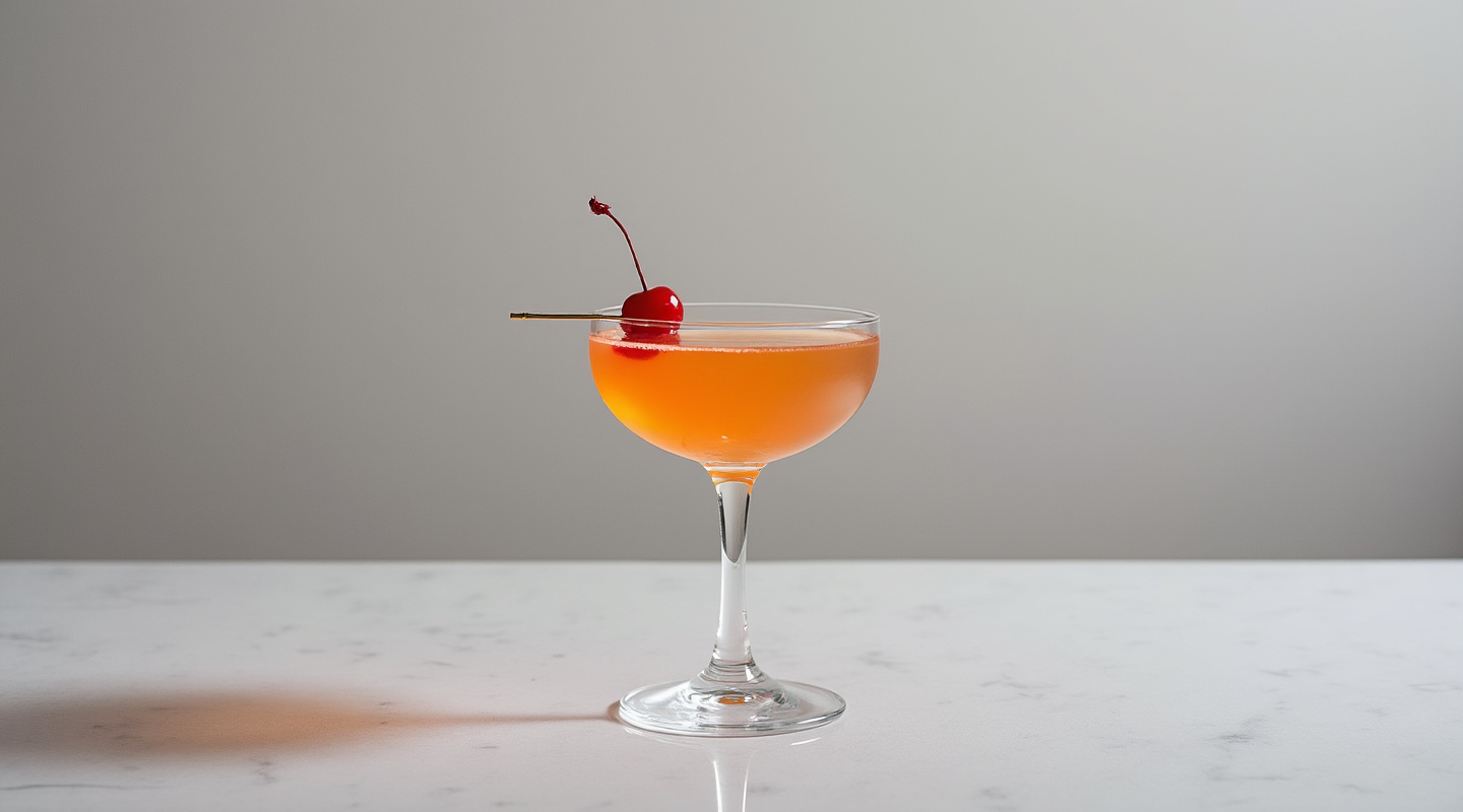 The Broady cocktail in a coupe glass with a maraschino cherry garnish